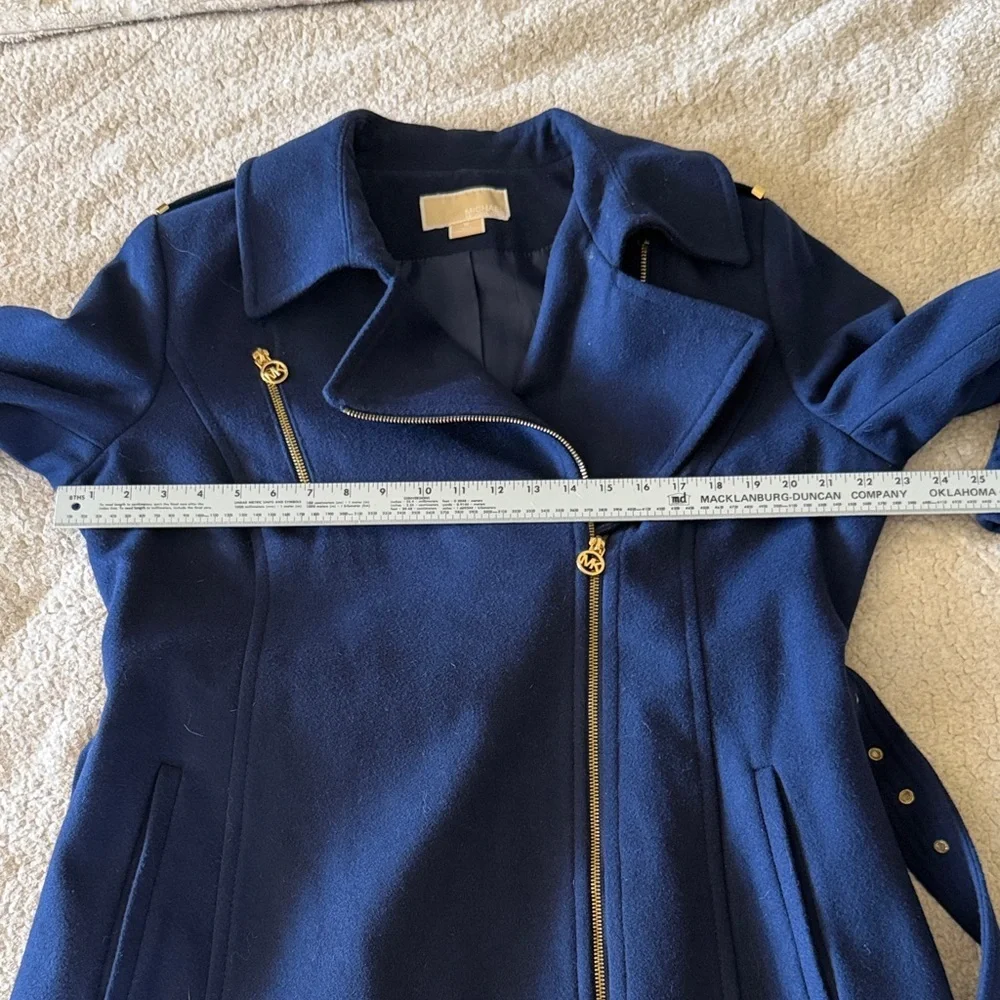 Michael Kors Navy Wool Blend Trench Coat with Gold Accents 16